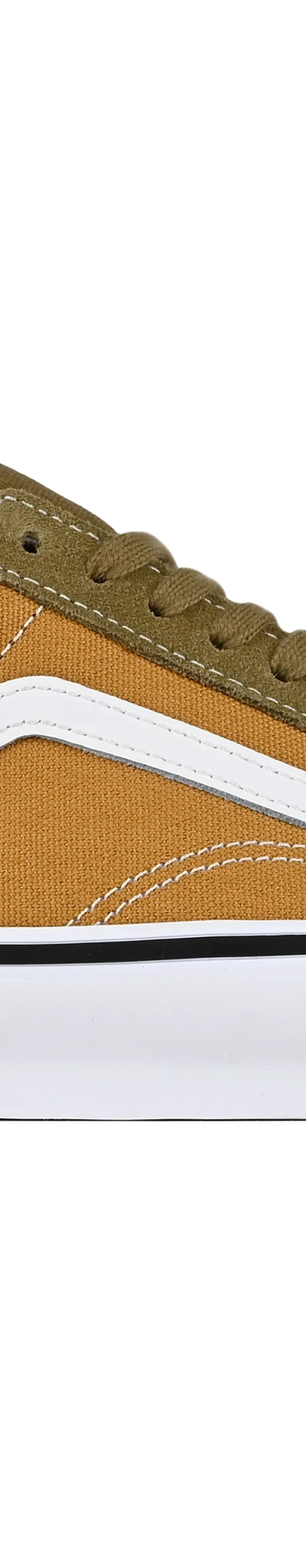 A pair of olive and tan suede skate shoes on a plain white background