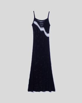 A navy open-knit sleeveless maxi dress with a hand-drawn white wave motif