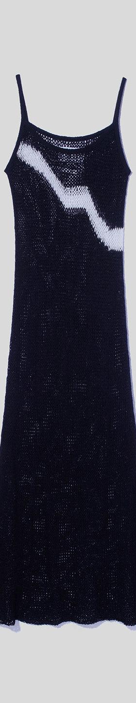 A navy open-knit sleeveless maxi dress with a hand-drawn white wave motif