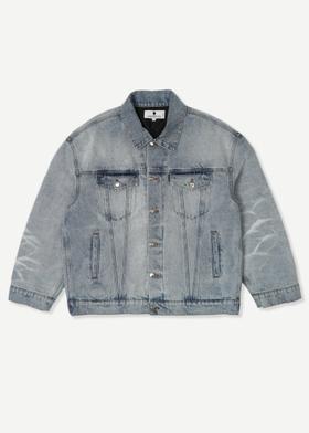A light-wash Noon Goons denim trucker jacket