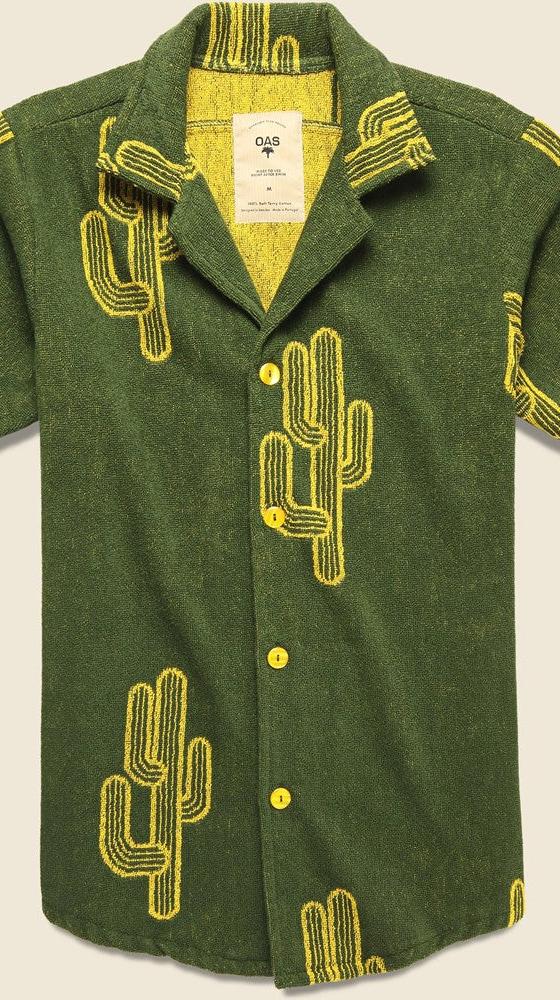 A green OAS cotton terry camp shirt with yellow cactus print