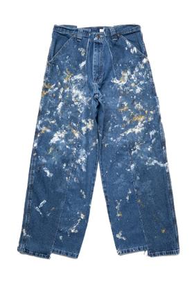 A pair of OLD PARK reconstructed paint-splattered vintage carpenter jeans on a white background