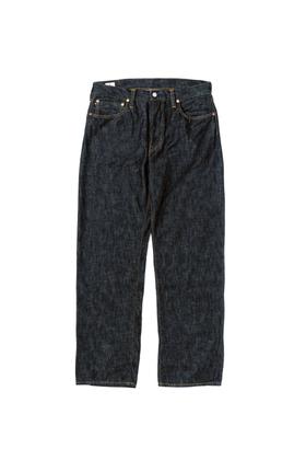 A pair of raw indigo selvedge Omoto Denim jeans on a white background