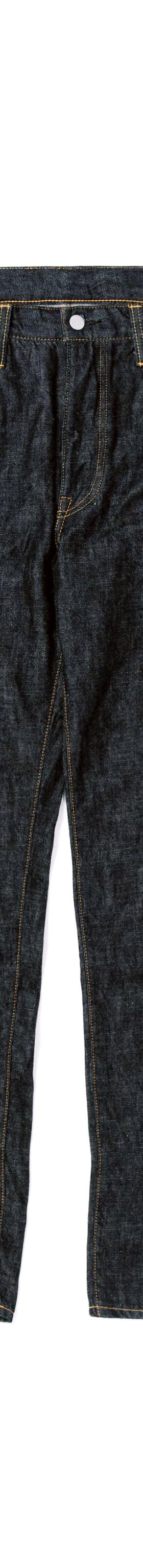 A pair of raw indigo selvedge Omoto Denim jeans on a white background
