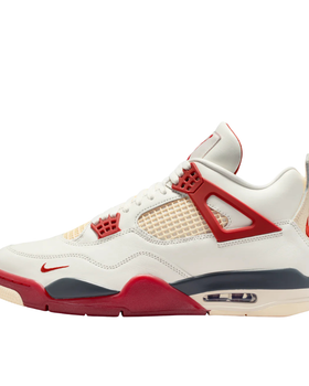 A white and red Air Jordan 4 sneaker on a plain white background