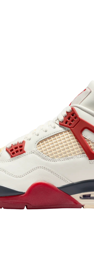 A white and red Air Jordan 4 sneaker on a plain white background