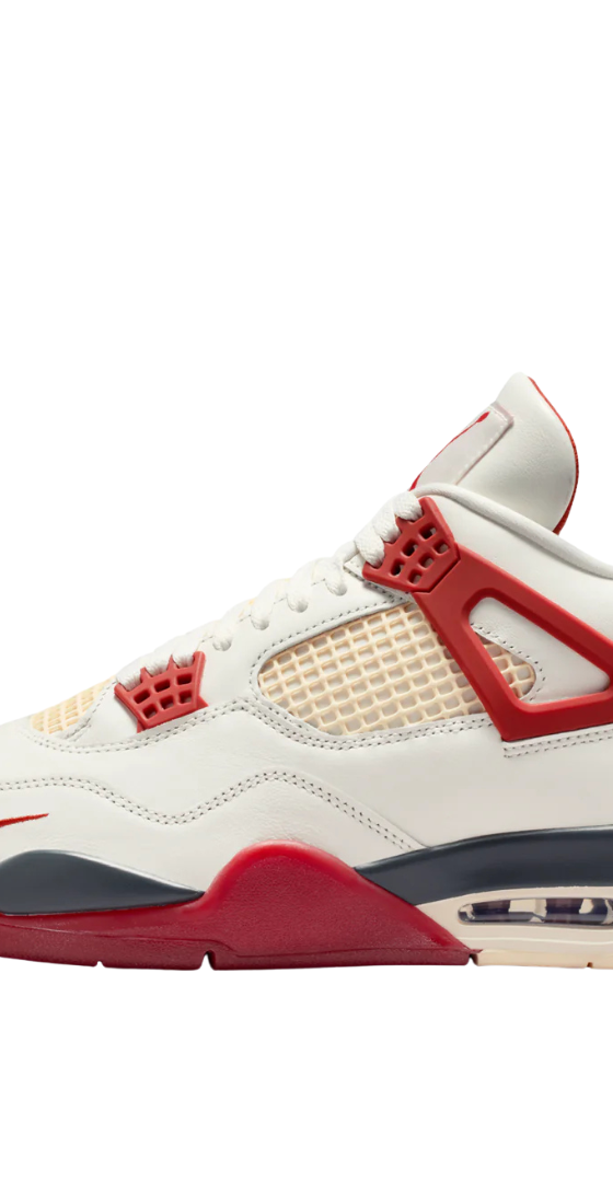 A white and red Air Jordan 4 sneaker on a plain white background