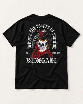 A black Original Renegade t-shirt with a tattoo-style grim reaper back print