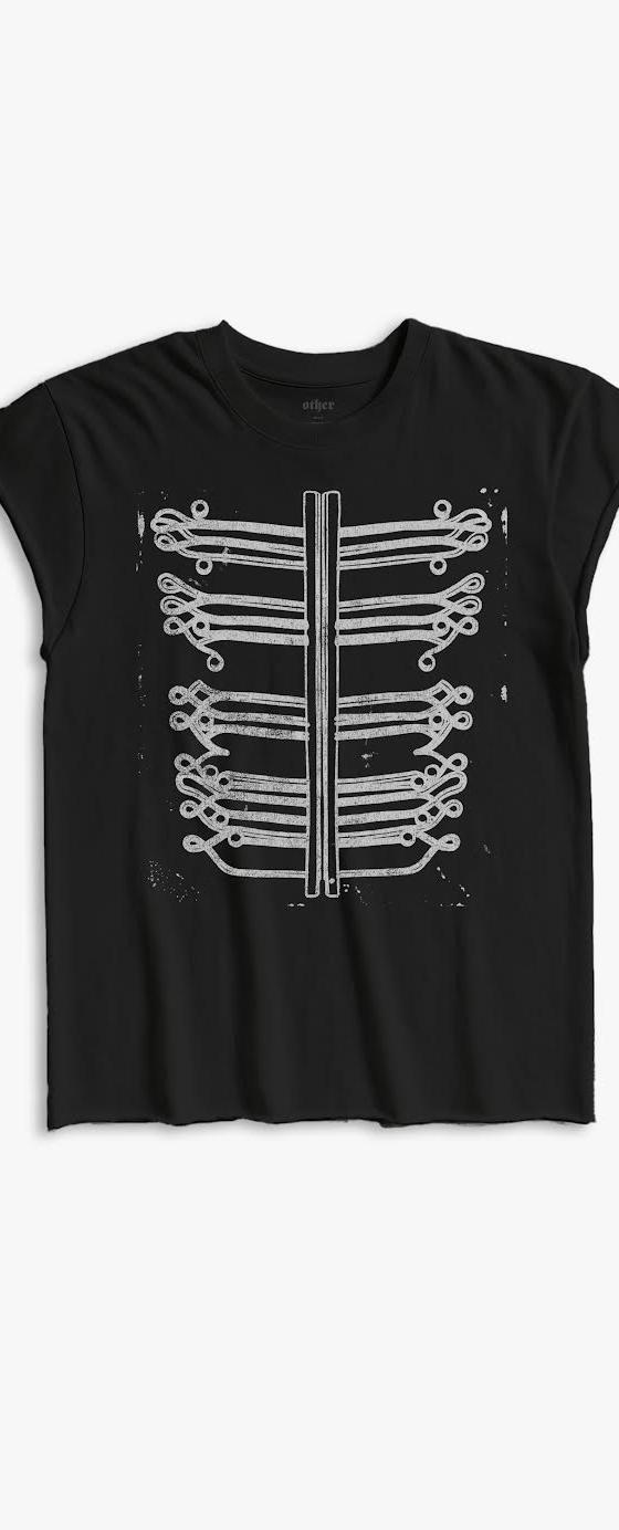 A black Other UK t-shirt with a distressed white ribcage graphic