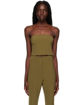A woman wearing an olive green Paris Georgia strapless tube top with matching high-waisted trousers