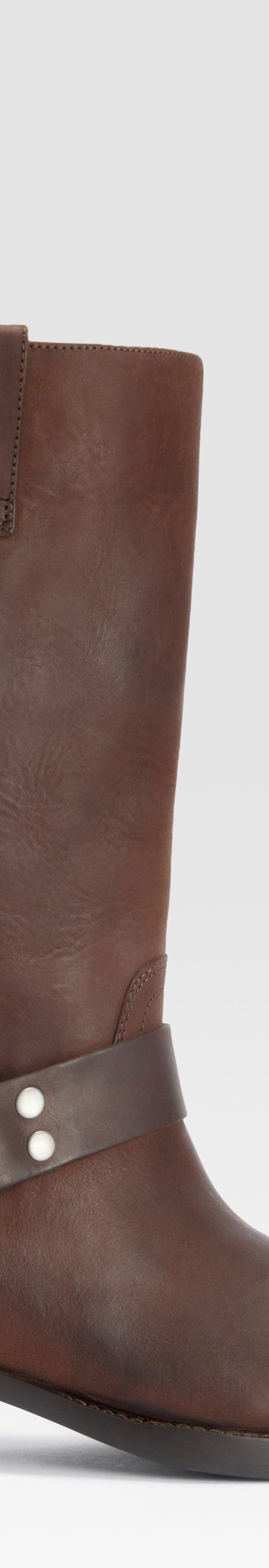 A brown leather Paris Texas harness boot with a silver metal toe cap