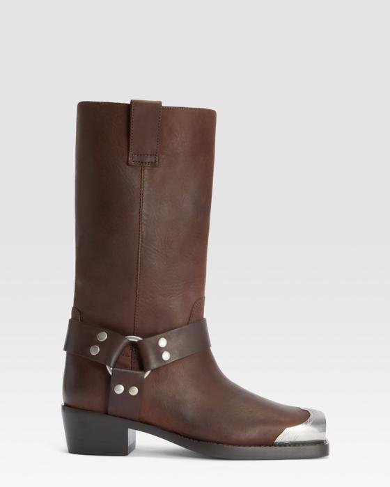 A brown leather Paris Texas harness boot with a silver metal toe cap