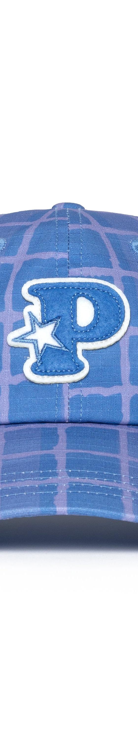 A blue checkered-print Pawa Speed Sports cap with an embroidered star logo patch