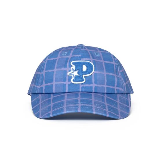 A blue checkered-print Pawa Speed Sports cap with an embroidered star logo patch