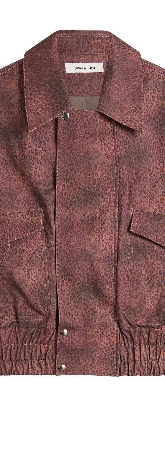 A Peachy Den leopard-print cropped bomber jacket in faded burgundy