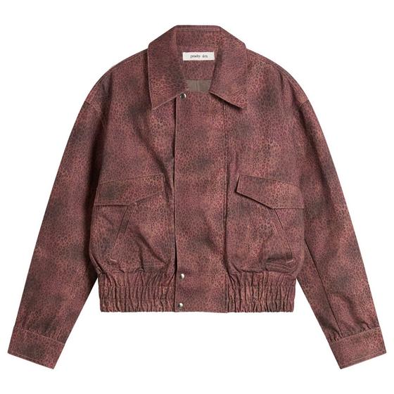 A Peachy Den leopard-print cropped bomber jacket in faded burgundy