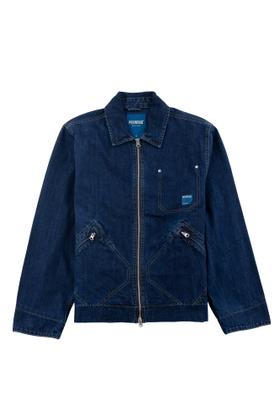 A dark indigo denim Pexwear work jacket with zip front and slanted pockets on a plain white background