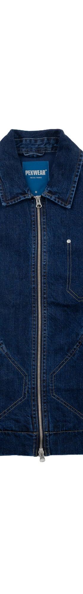 A dark indigo denim Pexwear work jacket with zip front and slanted pockets on a plain white background