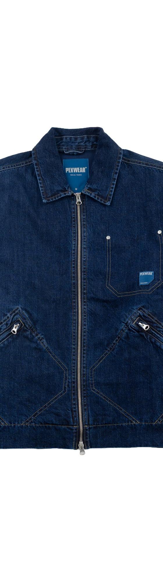 A dark indigo denim Pexwear work jacket with zip front and slanted pockets on a plain white background