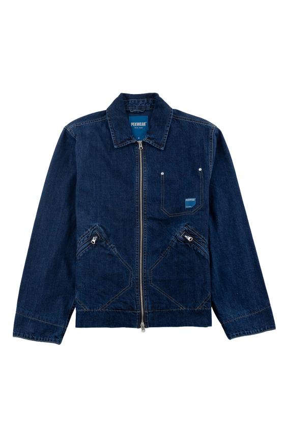 A dark indigo denim Pexwear work jacket with zip front and slanted pockets on a plain white background