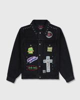 A black studded denim jacket with punk patches from PLEASURES