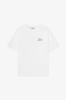 A white Pompeii t-shirt with a small red script logo on the chest