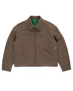 A brown houndstooth Pop Trading Company zip-up jacket on a plain white background