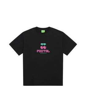A black POSTAL t-shirt with a pink cherry 'Juteopolis' graphic print