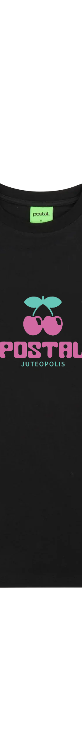 A black POSTAL t-shirt with a pink cherry 'Juteopolis' graphic print
