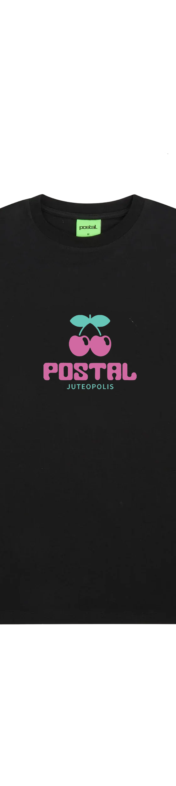 A black POSTAL t-shirt with a pink cherry 'Juteopolis' graphic print