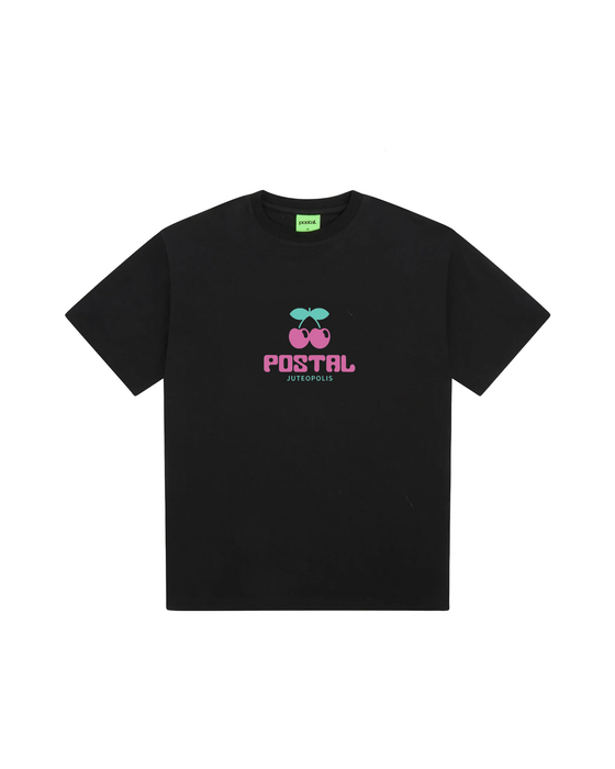 A black POSTAL t-shirt with a pink cherry 'Juteopolis' graphic print