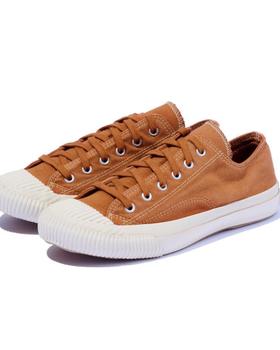 A pair of tan canvas PRAS sneakers with cream vulcanized soles