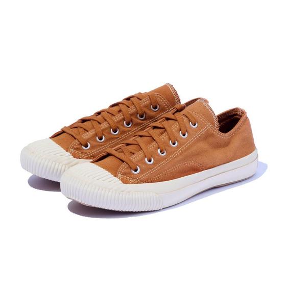 A pair of tan canvas PRAS sneakers with cream vulcanized soles