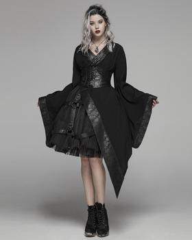 A woman wearing a black Punk Rave gothic coat dress with a buckled corset belt and lace-up boots