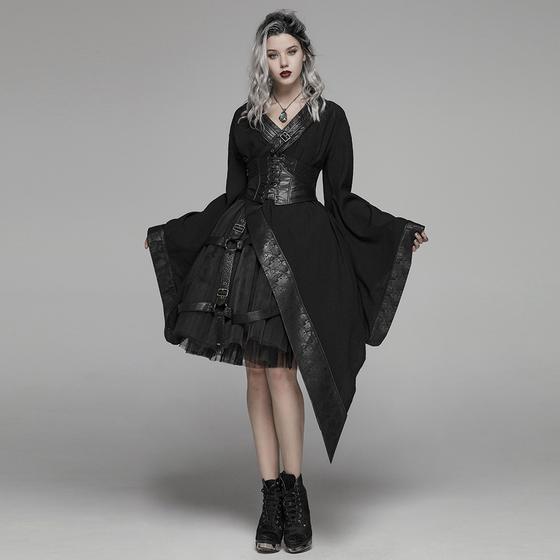 A woman wearing a black Punk Rave gothic coat dress with a buckled corset belt and lace-up boots