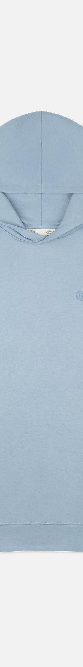 A light blue Quiet Golf hoodie on a plain white background