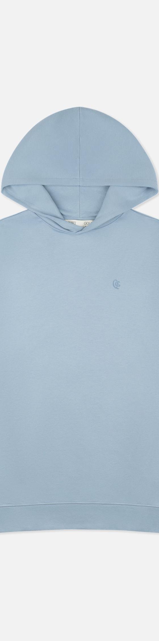 A light blue Quiet Golf hoodie on a plain white background