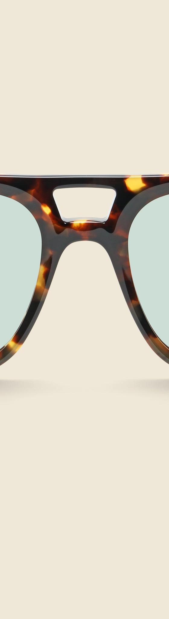 A pair of tortoiseshell acetate aviator-style RAEN sunglasses with pale green lenses