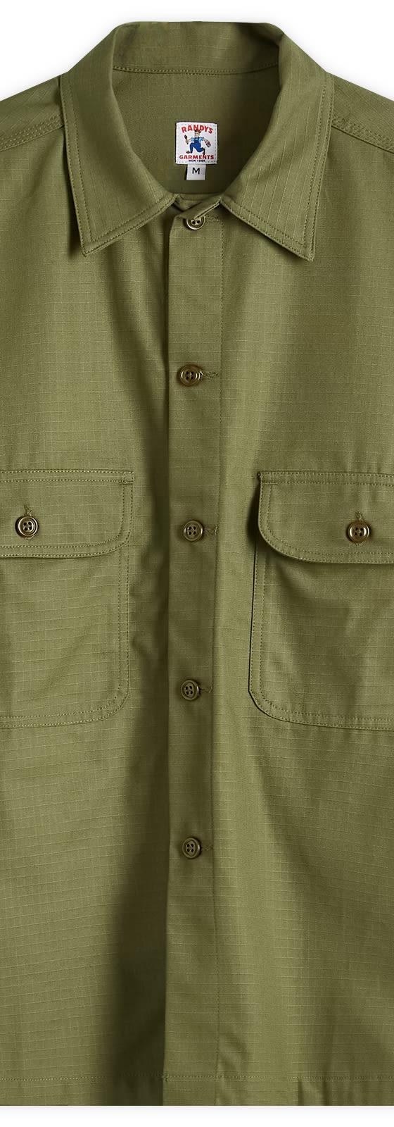 An olive green Randy's Garments ripstop utility overshirt with twin flap chest pockets