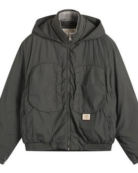 A dark olive RANRA hooded technical jacket with curved patch pockets