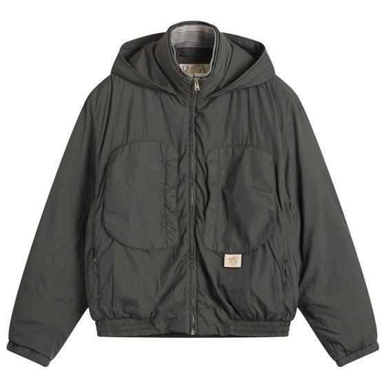 A dark olive RANRA hooded technical jacket with curved patch pockets