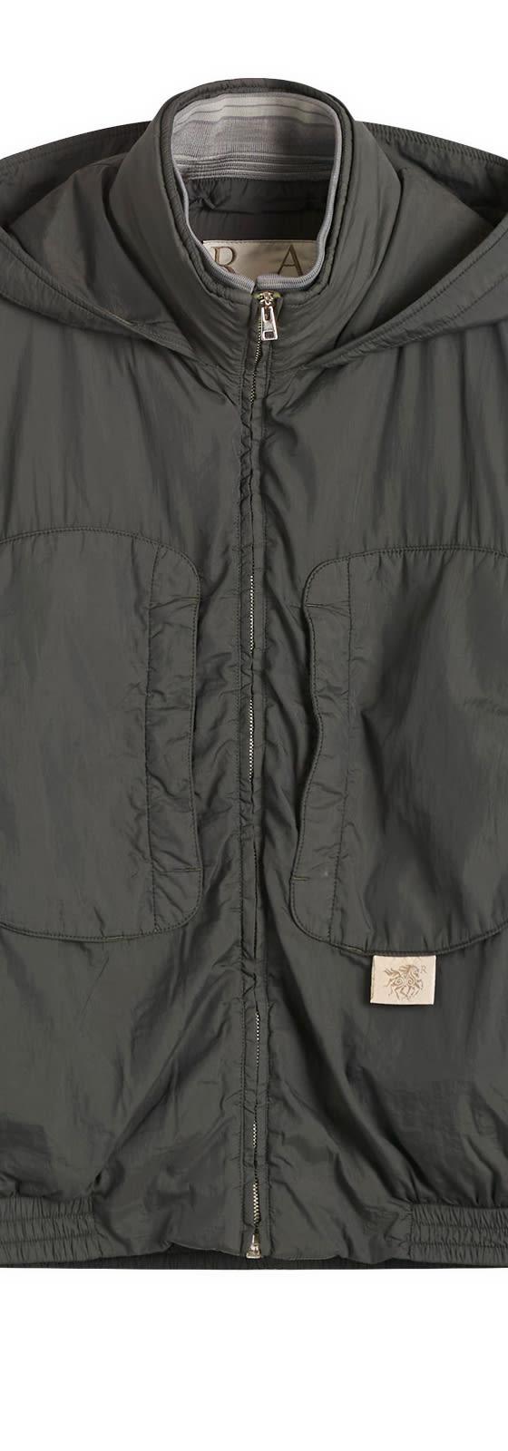 A dark olive RANRA hooded technical jacket with curved patch pockets