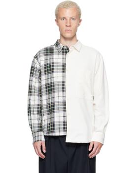 A man wearing a half-plaid, half-ivory spliced RE;CODE shirt with black trousers