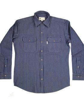 A striped hickory work shirt from Red Clouds Collective on a plain white background