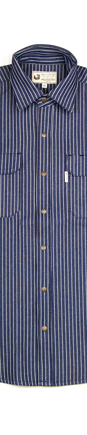 A striped hickory work shirt from Red Clouds Collective on a plain white background