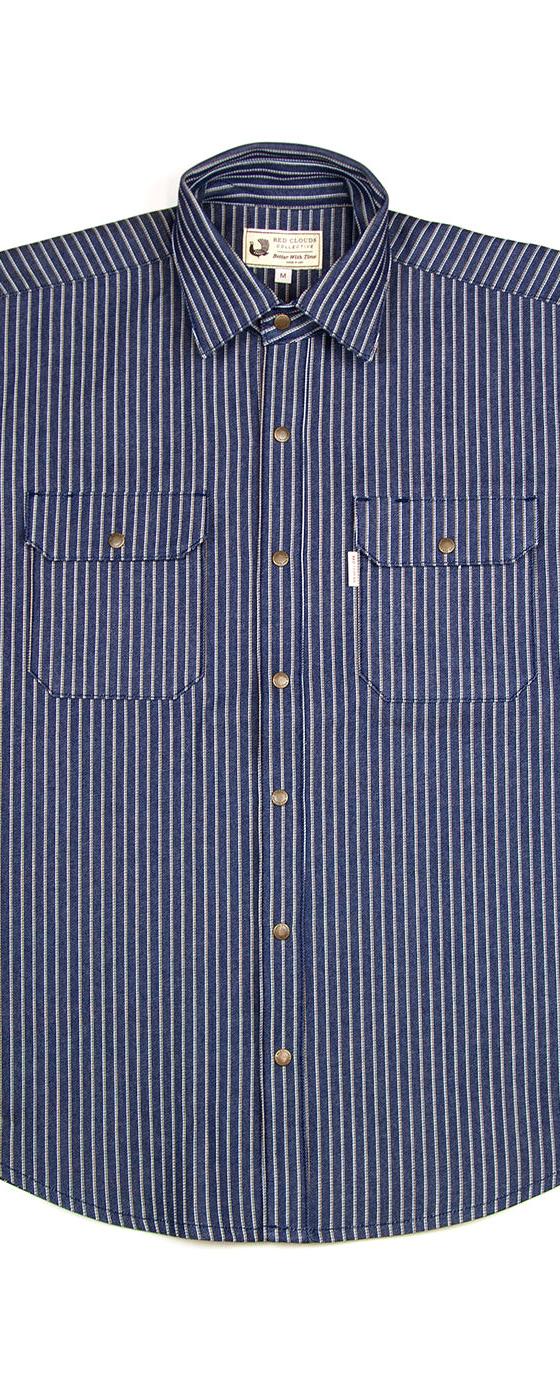 A striped hickory work shirt from Red Clouds Collective on a plain white background