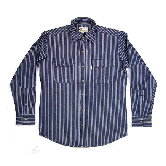 A striped hickory work shirt from Red Clouds Collective on a plain white background