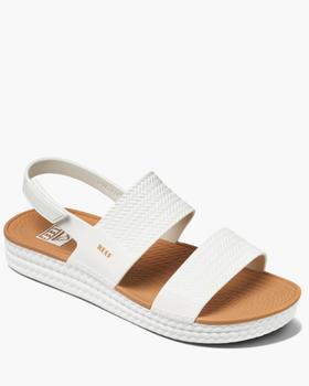 Reef white platform sandal with a tan woven footbed