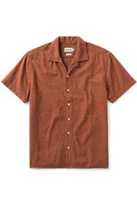 A rust-brown textured short-sleeve camp collar shirt on a plain white background