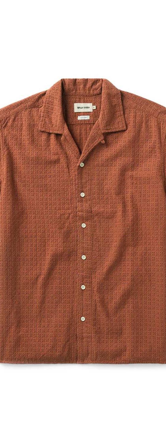 A rust-brown textured short-sleeve camp collar shirt on a plain white background
